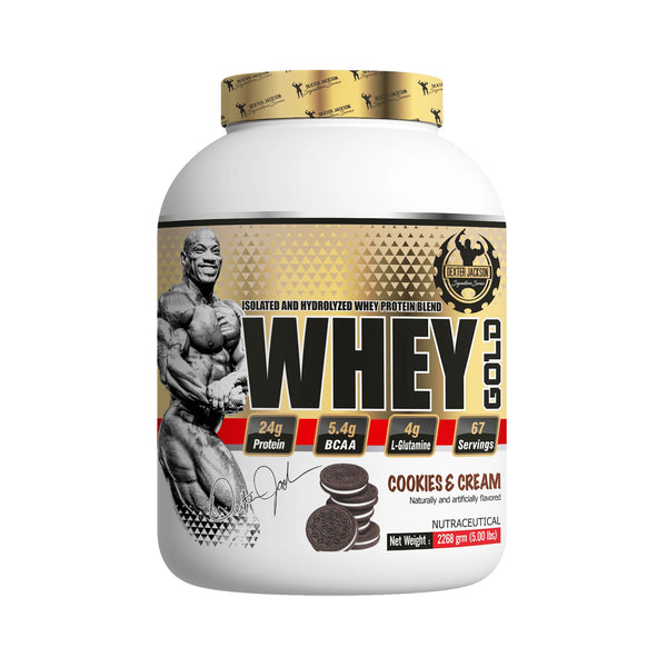 A large white tub of Gold's Brand Whey Gold Cookies & Cream protein powder, featuring a gold and black label with an illustration of a muscular bodybuilder and Oreo cookie graphics.