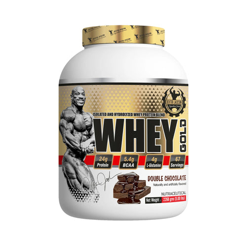 A large white tub of GNC Whey Gold Double Chocolate protein powder blend, featuring a muscular bodybuilder graphic and a gold and black label on a white background.