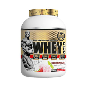 A large white tub of Gold Body Whey Gold protein powder in Fresh Strawberry flavor, featuring a muscular bodybuilder graphic on the label and a gold cap, set against a plain white background.