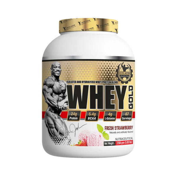 A large white tub of Gold Body Whey Gold protein powder in Fresh Strawberry flavor, featuring a muscular bodybuilder graphic on the label and a gold cap, set against a plain white background.