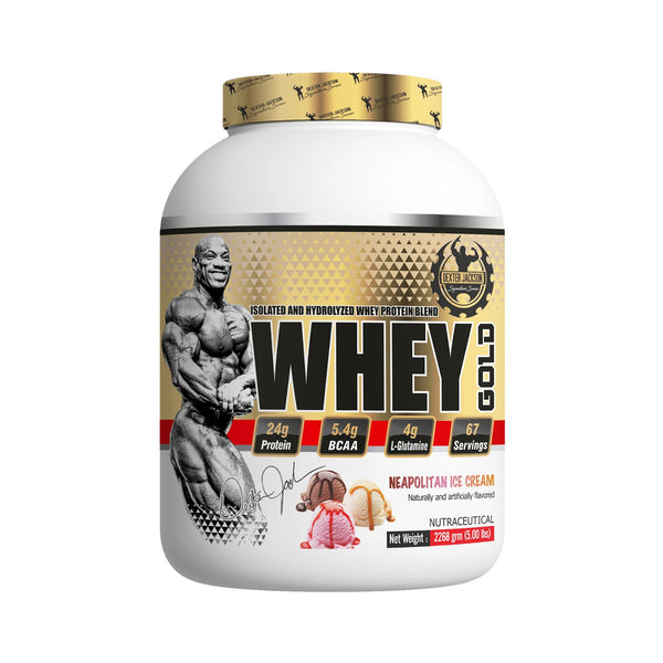 A white tub of Gold Bodybuilding Whey Gold protein powder in Neapolitan Ice Cream flavor, featuring a muscular bodybuilder graphic on the label.