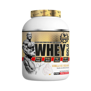 A large white tub of Gold Bodybuilding Whey Gold Vanilla Ice Cream protein powder with a gold and black label, featuring a muscular bodybuilder graphic and product details.