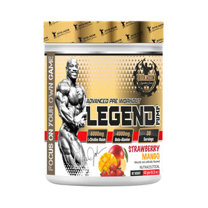 A tub of EAT-WEAR LEGEND Advanced Pre Workout in Strawberry Mango flavor, featuring a muscular bodybuilder graphic and a gold and white label design.