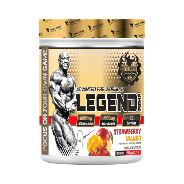 A tub of EAT-WEAR LEGEND Advanced Pre Workout in Strawberry Mango flavor, featuring a muscular bodybuilder graphic and a gold and white label design.