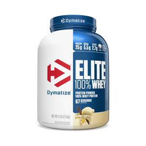 Dymatize Elite 100% Whey protein powder tub in vanilla flavor, 5 lb container, featuring a white and dark blue label with a red logo.