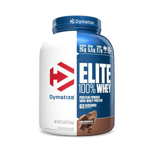 Dymatize Elite 100% Whey protein powder tub in dark chocolate flavor, 5 lb container on a white background.