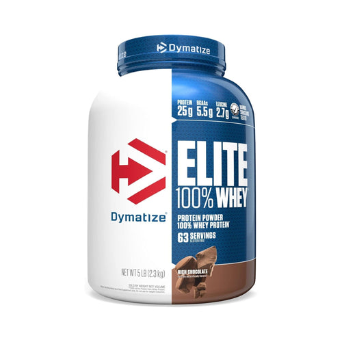 Dymatize Elite 100% Whey protein powder tub in dark chocolate flavor, 5 lb container on a white background.