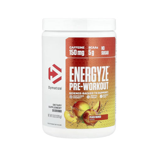 A white plastic tub of Dymatize Energyze Pre-Workout supplement in Peach Mango flavor, featuring a red and yellow label with fruit graphics.