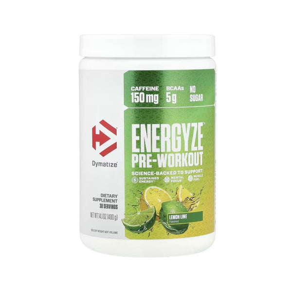A white plastic tub of Dymatize Energyze Pre-Workout supplement in Lemon Lime flavor, featuring a green and white label with lime graphics.