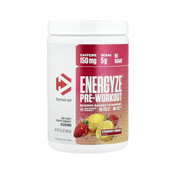 A white plastic tub of Dymatize Energyze Pre-Workout supplement in Strawberry Lemonade flavor, featuring a red and white label with fruit illustrations.