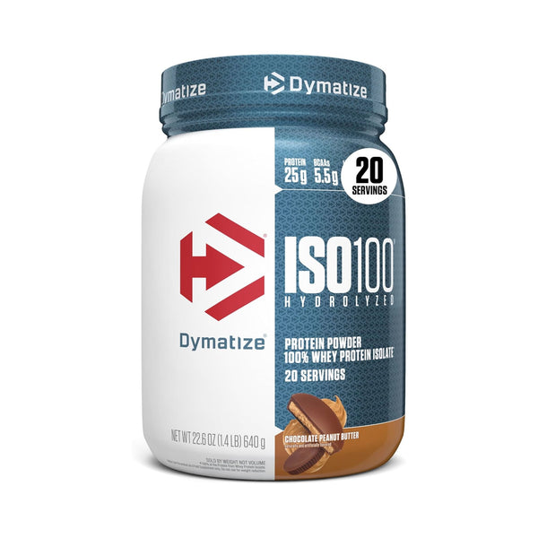 Dymatize ISO100 Hydrolyzed Protein Powder in Chocolate Peanut Butter flavor, 22.5 oz tub with a white and dark blue label.
