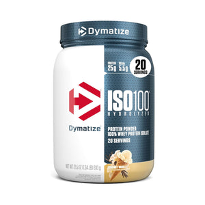 Dymatize ISO100 Hydrolyzed Protein Powder in Vanilla Bean flavor, 2.15 lbs container with a white and dark blue label.