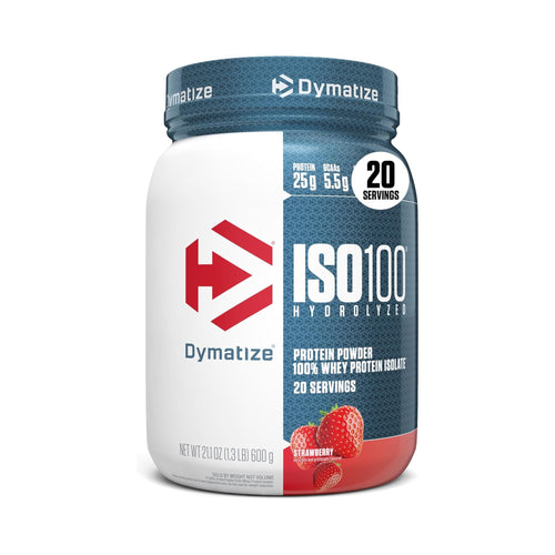 Dymatize ISO100 Hydrolyzed Protein Powder in Strawberry flavor, 600g tub. The container is white with a dark blue textured top lid and a matching dark blue front label panel, featuring a red geometric logo and strawberry graphics at the bottom.