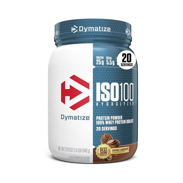 Dymatize ISO100 Hydrolyzed Protein Powder in Chocolate Flavored, 2.5 oz tub with a white and dark blue label.