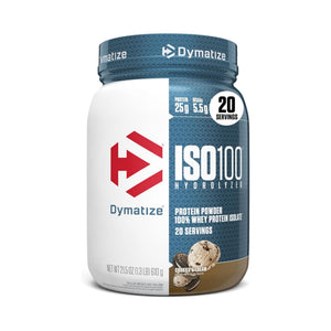 Dymatize ISO100 Hydrolyzed Protein Powder in Chocolate Cookies flavor, 2.15 lbs container, on a white background.