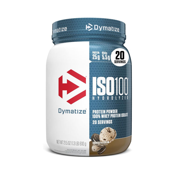 Dymatize ISO100 Hydrolyzed Protein Powder in Chocolate Cookies flavor, 2.15 lbs container, on a white background.