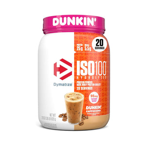A tub of Dunkin' ISO100 Hydrolyzed Protein Powder in Cappuccino flavor, featuring a white and orange label with a bright pink lid, shown on a clean white background.