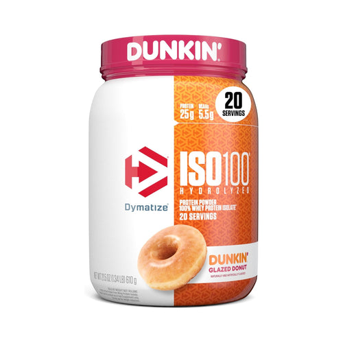 A tub of Dunkin' ISO100 Hydrolyzed Protein Powder in Glazed Donut flavor, featuring a white and orange label with a red cap, on a white background.