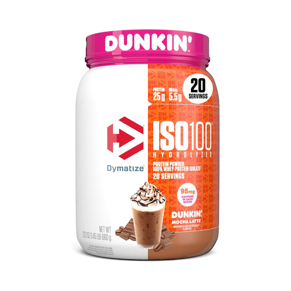 A tub of Dunkin' Iso100 Hydrolyzed Protein Powder in Mocha Latte flavor, featuring a white and orange label with a bright pink lid, shown on a clean white background.