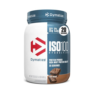 Dymatize ISO100 Hydrolyzed Protein Powder in Fudge Brownie flavor, 22.5 oz tub with a white and blue label and a brownie graphic on a white background