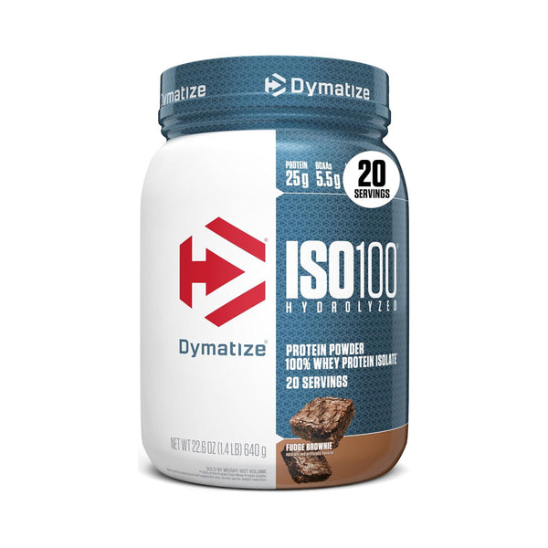 Dymatize ISO100 Hydrolyzed Protein Powder in Fudge Brownie flavor, 22.5 oz tub with a white and blue label and a brownie graphic on a white background