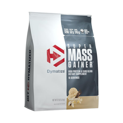 A 12 lb bag of Dymatize Super Mass Gainer dietary supplement powder, featuring a white and dark gray packaging design with a red logo and a small vanilla ice cream scoop graphic.