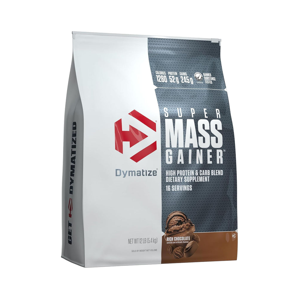 A 2 lb bag of Dymatize Super Mass Gainer in Rich Chocolate flavor. The packaging features a split design with a white left side and a dark gray textured right side, with a brown chocolate graphic at the bottom.
