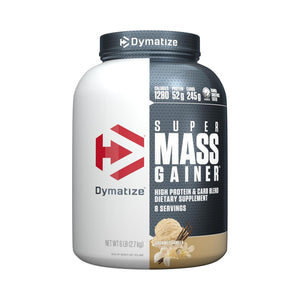 A tub of Dymatize Super Mass Gainer dietary supplement in vanilla flavor, featuring a white and black label with a red logo and vanilla ice cream imagery.