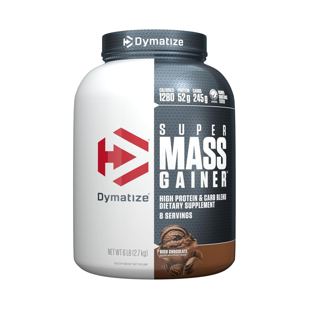 A tub of Dymatize Super Mass Gainer dietary supplement in rich chocolate flavor, featuring a white and dark gray label with red and white branding.