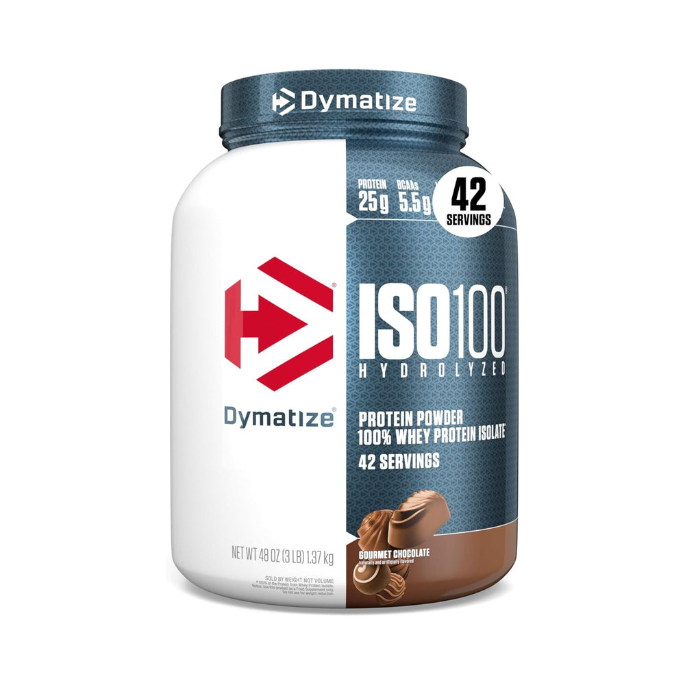 A 40 oz tub of Dymatize ISO100 Hydrolyzed Protein Powder in Nutritious Chocolate flavor, featuring a white and dark blue label with red and white branding.