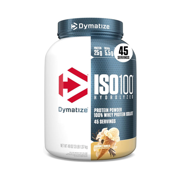 A tub of Dymatize ISO100 Hydrolyzed Protein Powder in Vanilla flavor, featuring a white and dark blue label with a red logo and vanilla ice cream imagery.