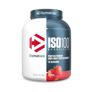 A tub of Dymatize ISO100 Hydrolyzed Protein Powder in Strawberry flavor, featuring a white and dark blue label with red accents and illustrations of fresh strawberries.