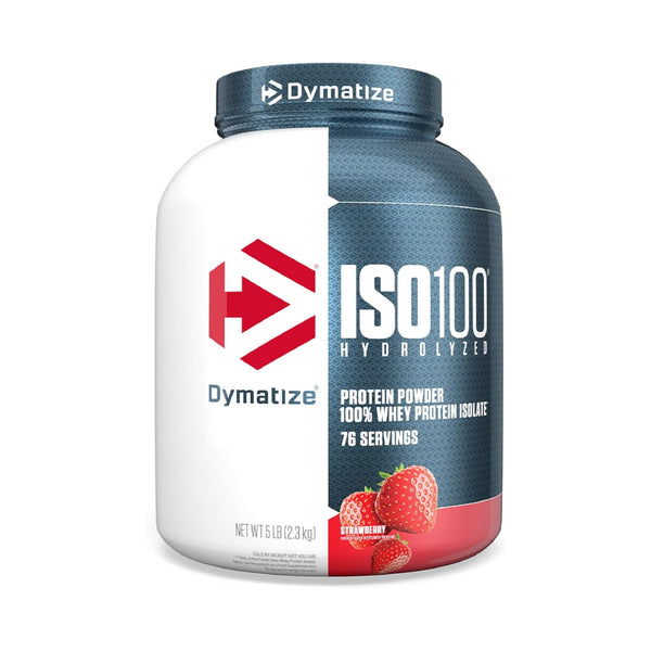 A tub of Dymatize ISO100 Hydrolyzed Protein Powder in Strawberry flavor, featuring a white and dark blue label with red accents and illustrations of fresh strawberries.