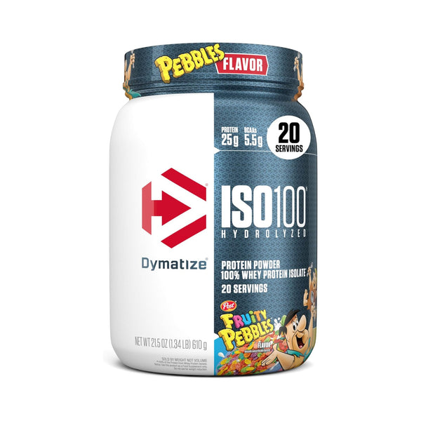 A tub of Dymatize ISO100 Whey Protein Isolate in Fruity Pebbles flavor, featuring a white and dark blue label with red and yellow branding, on a white background.