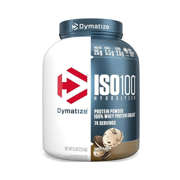 A 5 lb tub of Dymatize ISO100 Hydrolyzed Protein Powder in covered cream flavor, featuring a white and dark blue label with a red logo.