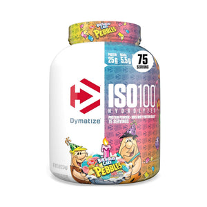 A tub of Dymatize ISO100 Hydrolyzed Protein Powder in Pebbles flavor, featuring a white container with a colorful right-side label and a yellow cap, on a plain white background.
