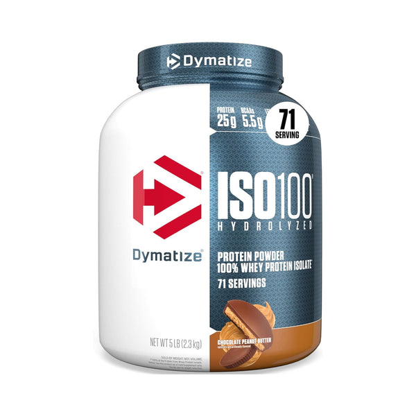 Dymatize ISO100 Hydrolyzed Protein Powder in Chocolate Peanut Butter flavor, 2.3 kg tub on a white background.