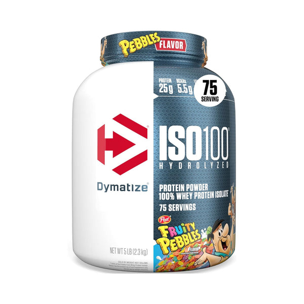 A tub of Dymatize ISO100 Hydrolyzed Protein Powder in Fruity Pebbles flavor, featuring a white and dark blue label with a red logo and a cartoon character graphic.