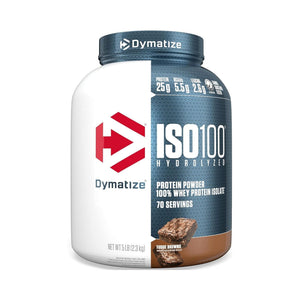 A tub of Dymatize ISO100 Hydrolyzed Protein Powder in Fruit Brownie flavor, shown on a clean white background.