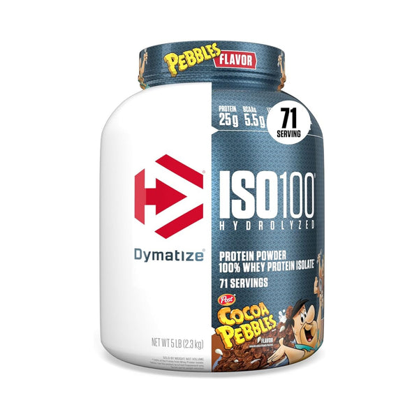 A tub of Dymatize ISO100 Hydrolyzed Protein Powder in Cocoa Pebbles flavor, 5 lb container. The packaging features a white left half with the red Dymatize logo, and a dark blue textured right half with product details and a Cocoa Pebbles cartoon character.