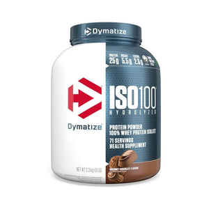 Dymatize ISO100 Hydrolyzed Protein Powder in Chocolate Flavor, 2.25 kg tub on a white background.