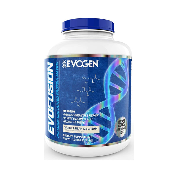 A white plastic tub of EVOGEN Evofusion Premium Sustained Protein Matrix in Vanilla Bean Ice Cream flavor, featuring a blue and iridescent label with a DNA graphic, set against a plain white background.