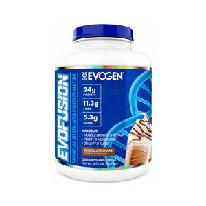 A white plastic tub of EVOGEN EVOFUSION Premium Sustained Protein Matrix in Chocolate Shake flavor, featuring a blue cap and a blue label with a chocolate shake graphic.