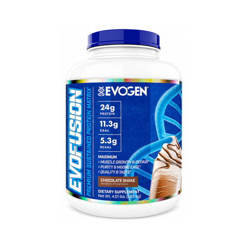 A white plastic tub of EVOGEN EVOFUSION Premium Sustained Protein Matrix in Chocolate Shake flavor, featuring a blue cap and a blue label with a chocolate shake graphic.