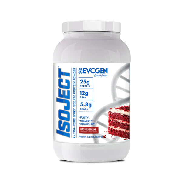 A white plastic tub of EvoGen IsoJect whey isolate protein powder in red velvet cake flavor, featuring a white label with blue text and a red cake slice graphic.