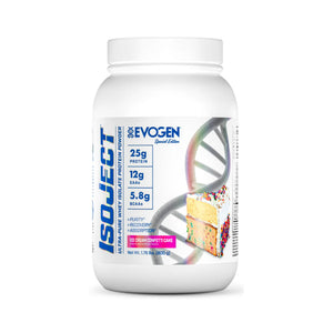 A white plastic tub of EvoGen Isoject Special Edition protein powder, featuring a label with blue text, a DNA helix graphic, and a slice of cake on a white background.