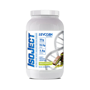 A white tub of EvoGen IsoJect sports protein powder in Dubai Chocolate Bar flavor, shown on a clean white background.