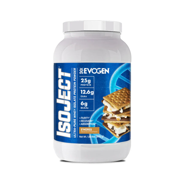 A white tub of EvoGen IsoJect whey isolate protein powder in S'mores flavor, featuring a blue label with nutritional facts and a s'mores cookie and ice cream graphic.