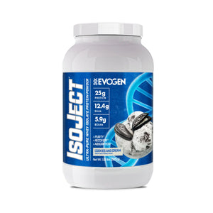 A white plastic tub of EvoGen IsoJect protein powder in Cookies and Cream flavor, featuring a blue label with white text and an illustration of ice cream scoops with cookies.