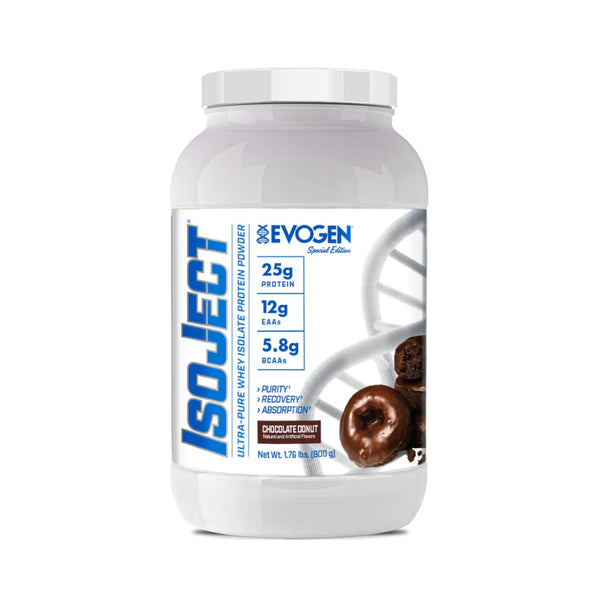A white tub of EvoGen IsoJect Special Edition chocolate donut flavored protein powder, featuring a white lid and a label with blue and brown graphics.